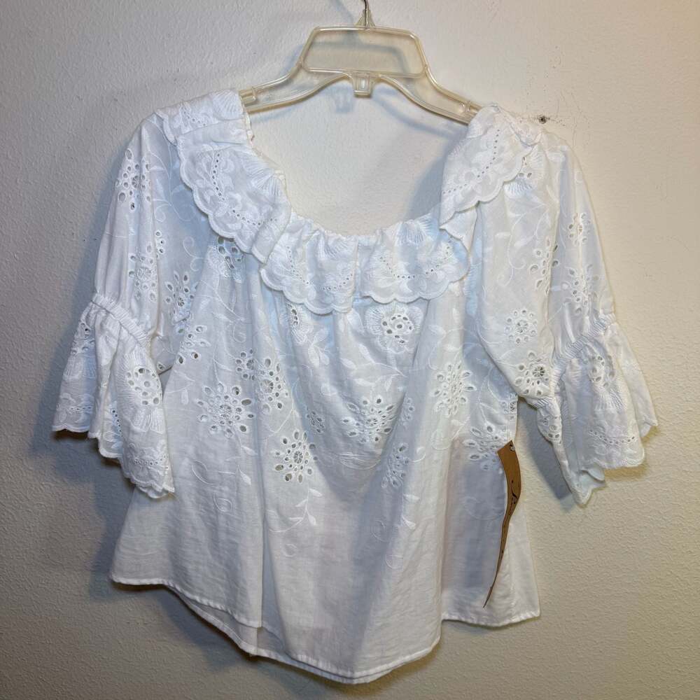 Penelope Project Women's White Eyelet Embroidered Ruffle Off-The-Shoulder Blouse